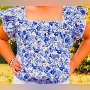 Never Worn Girls Floral Silky Cutie Patootie Blue Floral Top 12/14